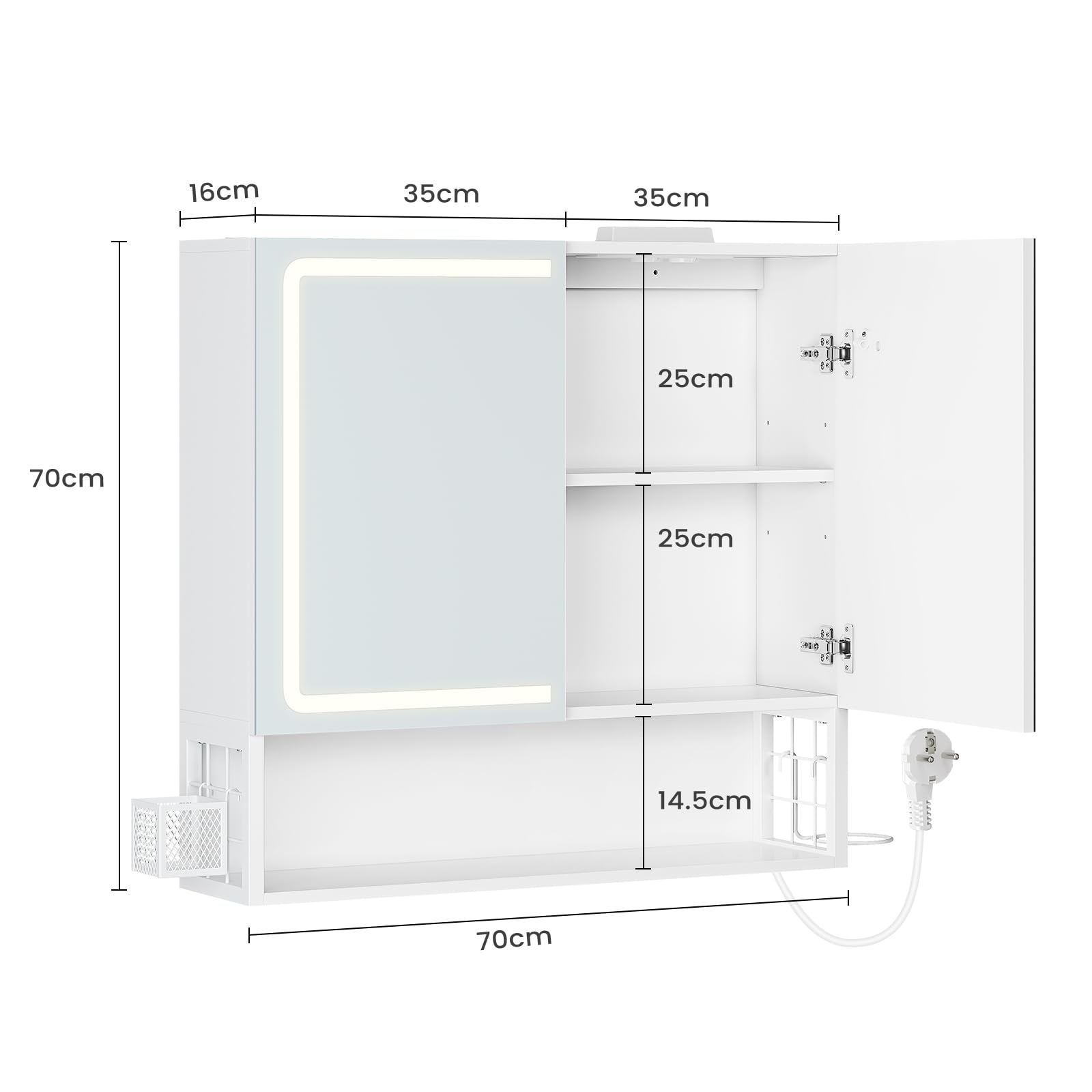Specchio Bagno con Illuminazione LED regolabile e Presa Multipla, Specchiera Bagno con Ripiani Regolabili, Mobiletto Bagno con Specchio Grande HD e Ripiano Portaoggetti,70x16x70 cm