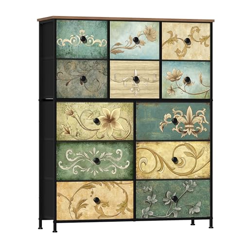 Tohomeor Dresser with Drawers for Bedroom Chest of Drawers Fabric Dresser for Closet,Nursery Entryway Hall Tree TV Stand for Living Room Retro Floral Pattern Drawers Wooden Top (12 Drawers)