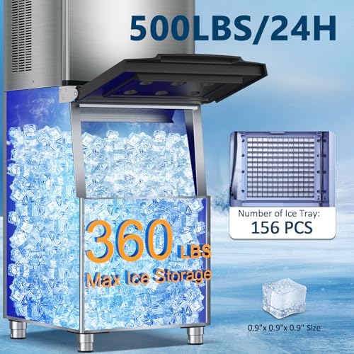 Image of Commercial Ice Maker Machine 500LBS /24H 360LBS Ice Bin LCD Touch Screen Self Cleaning Function Freestanding Ice Maker 156 Counts Ice Ready in 5-10 min Clear Ice Cube for Cafe, Bar, Home