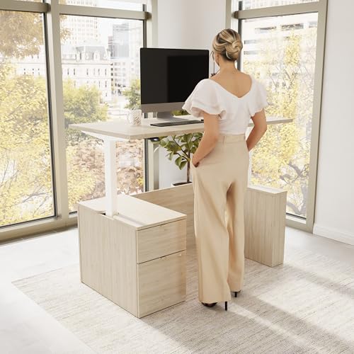 Image of Bush Business Furniture 60-inch Electric Height Adjustable Standing Desk with File Cabinet, Ergonomic Sit-Stand Computer Table for Office, Stratus Collection, Natural Elm with White Base