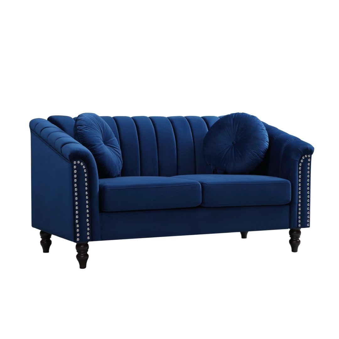 60" Loveseat Sofa, Microfiber Chesterfield Upholstered Sofas Love Seat, Couch Chair Sets with Style Button Tufted, Scroll Arms and Nailhead for Living Room, Office, Blue