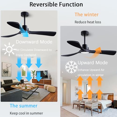 Image of 52-inch Silent Ceiling Fan Light with Remote Control, Black Wood Finish. | 3CCT, mobile app, full memory function, for use in living rooms, dining rooms, bedrooms, offices, balconies, and outdoors.