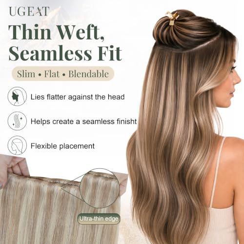 Image of Ugeat Weft Hair Extensions Human Hair, Hair Extensions Sew in 20 Inch 100g, Sew in Extensions Softness, Ash Blonde Highlights Medium Blonde