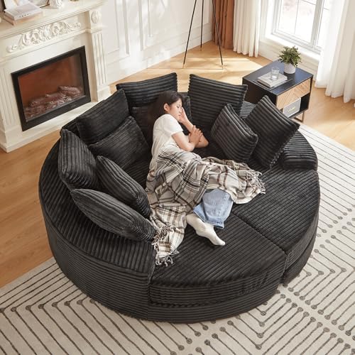 Image of 78'' Oversized Round Sleeper Sofa Bed, Convertible Circle Chaise Lounge Chair Indoor, Modern Fluffy Plush Corduroy Cloud Boneless Couch, Assembly Free, Comfy Bean Bag for Living Room, Black