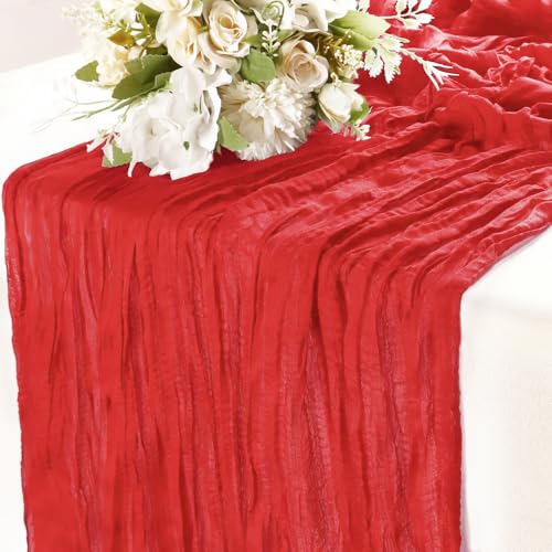 Christmas Bright Red Cheesecloth Table Runner 10FT Gauze Rustic Cheese Cloth Dining Table Decor Runners Long for Party Bridal Shower Baby Wedding Birthday Decorations 1Pack 35x120 Inches