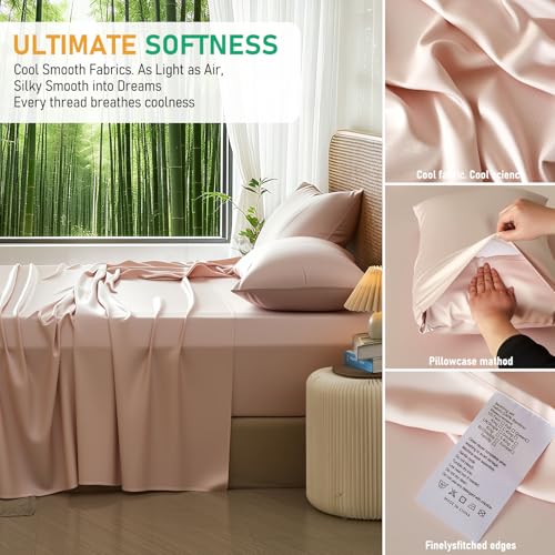 Image of 100% Viscose Derived from Bamboo Sheets Queen Size, Soft & Cooling Viscose from Bamboo Sheets Set, Organically Grown,Breathable & Soft Deep Pocket Up to 18 Inches(Light Pink)