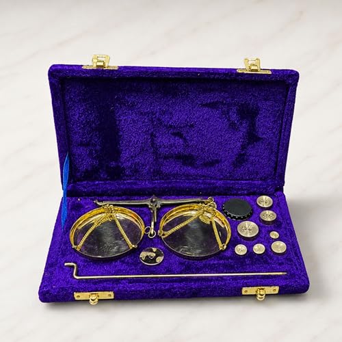 Báscula antigua de balance de latón con pesas azul miniatura 4