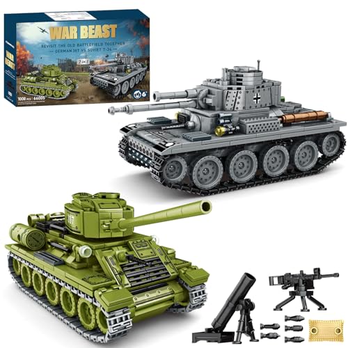 WW2 2 in 1 Army Tank Building Blocks Kit Create a German 38T & a Soviet T-34 Tank Military Toy Sets Birthday for Age 6+ Children Teens Adults 1008 Pieces