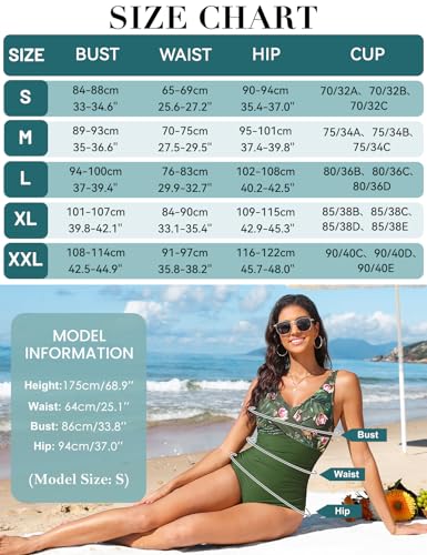 CMTOP Badeanzug Damen Bauchweg V Ausschnitt Einteiliger Badeanzüge Pushup Schlankheits Bademode One Piece Rüschen Bauchkontrolle Schwimmanzug Ruched Swimsuit Strandmode mit Bügel(Grüner Aufdruck,XXL) 5