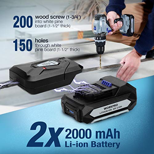 Workpro 20V Brushless Cordless Drill, With 2 Batteries(2.0 Ah) And Auxiliary Handle, 487 In-Lbs 21+3 Torque Setting, 1/2” Chuck, 21 Pieces Drill Driver Kit With Hard Carrying Case #TOP2