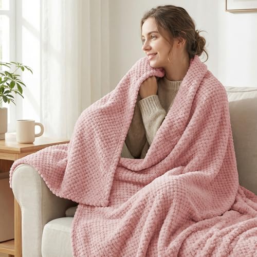 Exclusivo Mezcla Decke Kuscheldecke Flauschig Fleecedecke Wohndecke mit Waffelmuster, Leichte, Weiche und Warme Sofadecke Bettüberwurf, 130x170 cm Rosa