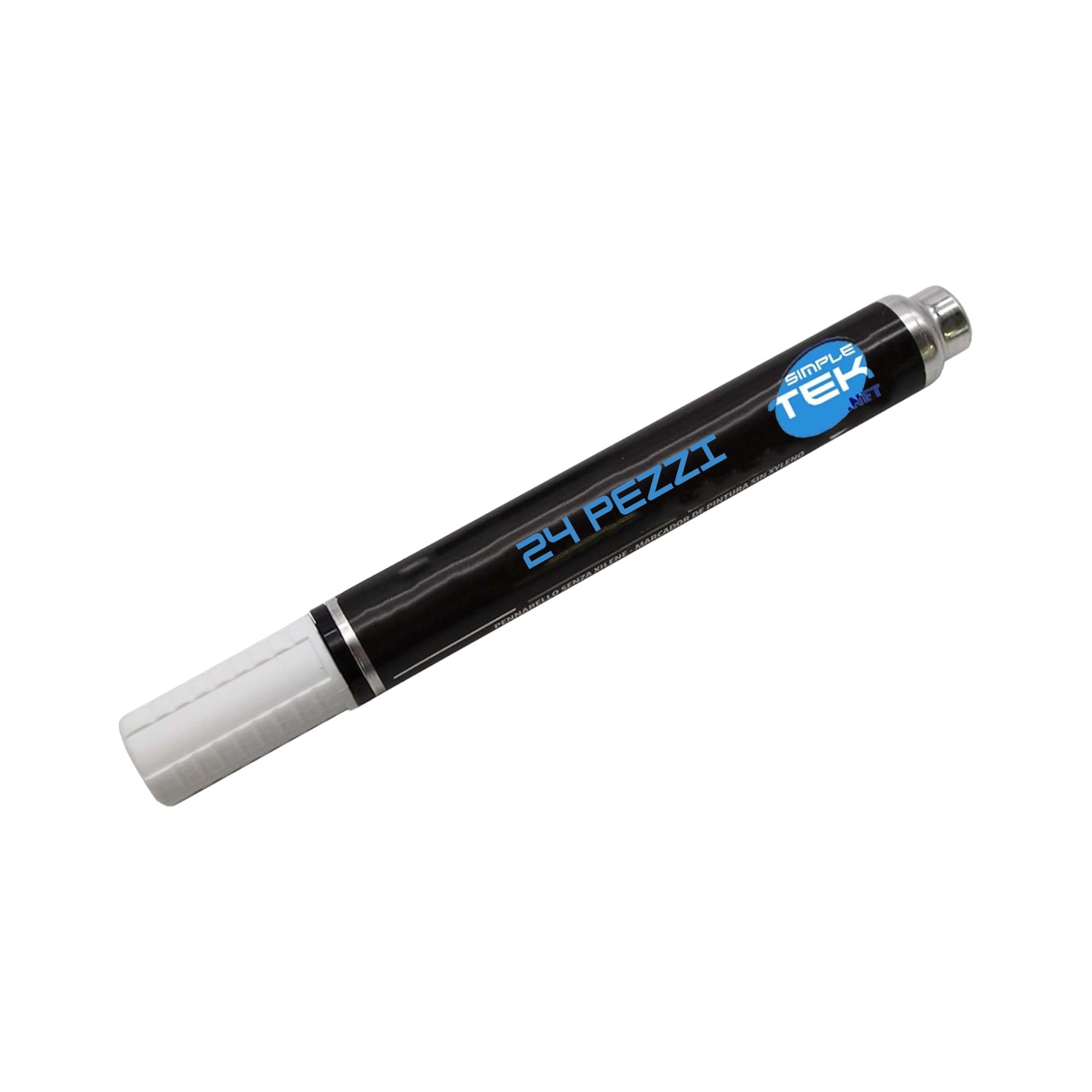 SIMPLETEK - Rotuladores permanentes blancos 13 ml - Marcador industrial para plástico, vidrio, metal y madera - Doble punta 3 mm/5 mm (24 unidades)