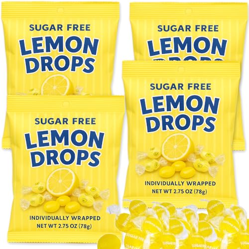 Sugar Free Lemon Drops Hard Candy 4 Bags Individually Wrapped - Fat-Free, Zero Trans Fat, Keto-Friendly Diabetic Safe Citrus Sweets Yellow Disc | Low-Calorie Snack Desert Treat - 11 oz Total