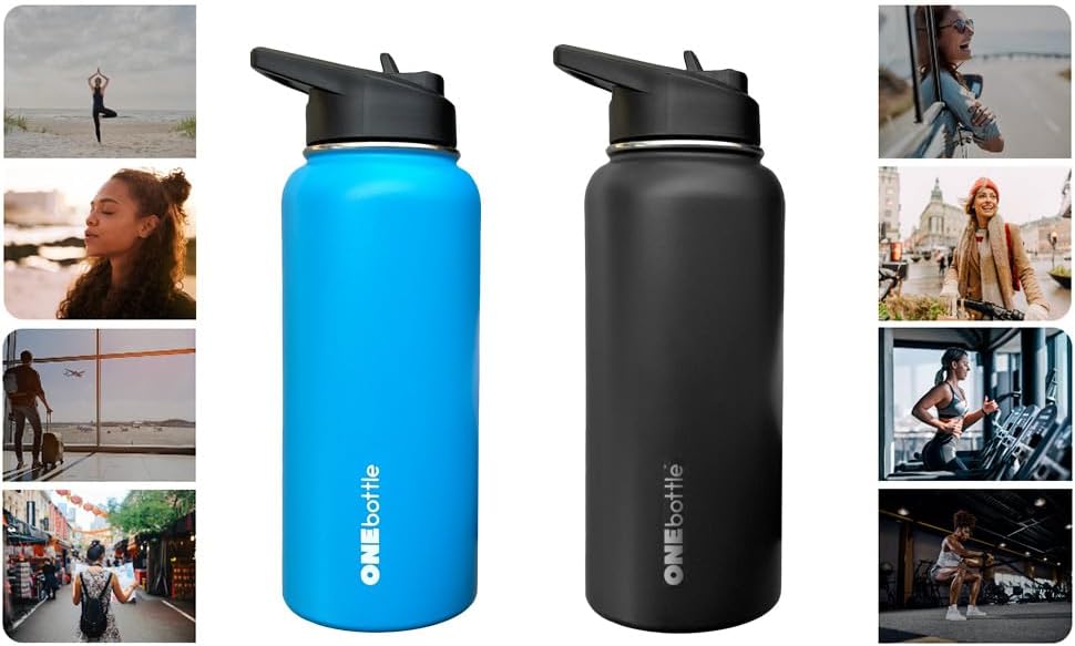 Miniatura 7 de Botella de agua con triple aislamiento, incluye 3 tapas (tapa con pajilla, boquilla, asa de mosquetón), a prueba de fugas, botella de agua de 32