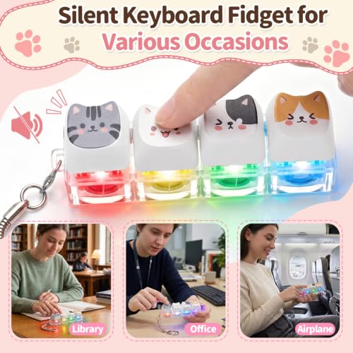 FunisFun 2 PCS Cat Shape Keyboard Fidget Toy for Adults Clicky & Silent Keyboard Keychain with LED Lights Detachable Clicker Fidget Toy for Stress Relief ADHD Autism ASMR (Multicolor-2, 4in1-2Pack) - Image 5