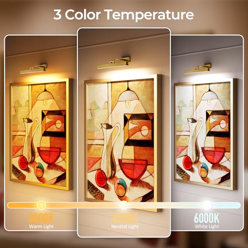 Image of Afyuol Picture Lights for Wall, Brass Battery Operated Picture Light 16in Art Light CCT Dimmable Recharging Battery Wall Light with Remote Control for Living Room Gallery