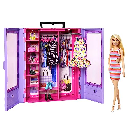 Barbie Fashionistas Ultimate Closet-bärbar modeleksak med docka, kläder, accessoarer och galgar. Present till barn från 3 år, HJL66