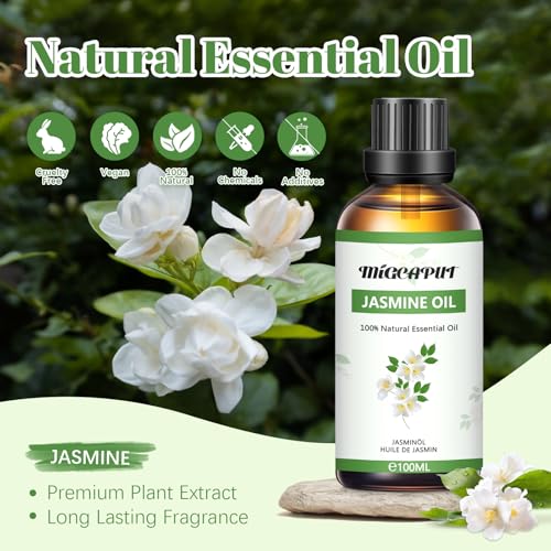 MIGCAPUT Olejek Eteryczny Jaśminowy 100ML, Naturalny Olejki Aromaterapeutyczny, Jaśminowy Olejek Zapachowy Premium do Dyfuzora, SPA, Masażu, Ręcznie Robione Mydło, Ręcznie Robione Świece