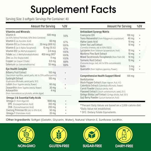 37 in 1 Eye Vitamins with Lutein and Zeaxanthin Supplement – Eye Supplement with CoQ10, Omega-3, Minerals Eye Health Support for Adults and Seniors, Daily Vision Supplement, 120 Black Softgels - Thumbnail 5