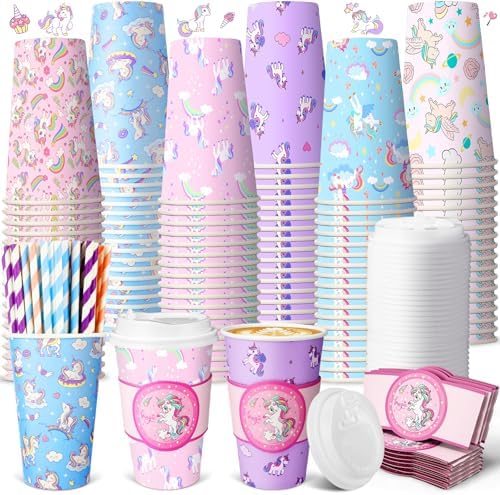 48 Sets 16oz Disposable Paper Coffee Cups with Lids Sleeves Straw...