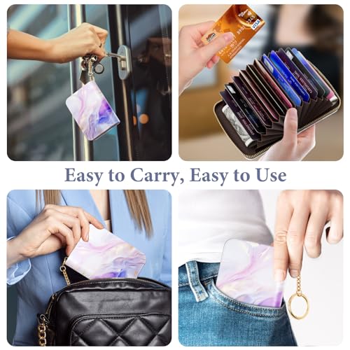 Image of Credit Card Holder RFID Wallet for Women, Small Leather Card Organizer Case with Zipper and Keychain, Purple Marble