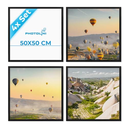 PHOTOLINI Bilderrahmen 50x50 Schwarz 4er Set Bilderrahmen quadratisch 50x50 Holz MDF mit bruchsicherem Acrylglas Rahmen 50 x 50 zum Aufhängen mit Zubehör - Picture Frame für Fotos & Poster