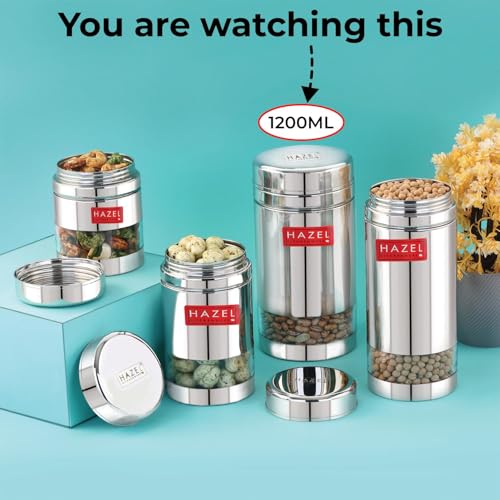 Image of HAZEL Stainless Steel See Through Transparent Container | Kitchen Air Tight Storage Dabba Container, 1200 ML