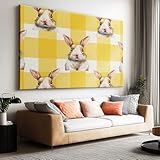 Leinwand Bilder Groß 120x60 cm, XXL Deko Schlafzimmer Aesthetic Leinwandbilder Poster - Wohnzimmer Gemälde Foto Geschenk - Moderne Kunstdruck Wanddeko - Cartoon Karomuster Tier Kaninchen FBH45