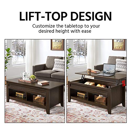 Yaheetech Lift Top Coffee Table With Hidden Storage Compartment & 2 Open Shelves, Rising Tabletop Pop Up Center Table For Living Room Reception Room, 47.5'' L, Espresso #TOP4