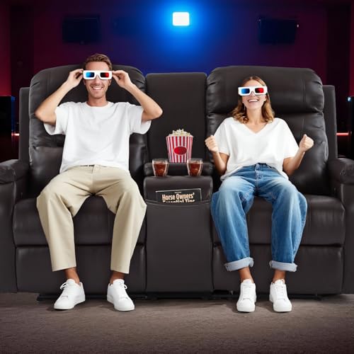 Image of RV Loveseat Recliner with Console, Reclining Loveseat Sofa, Manual Home Theater Seating with Pockets /Cup Holders for Living Room /RV Furniture (Chocolate Pu + LED)