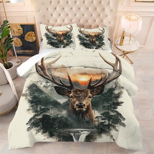 EDGZKO Twin Size Deer Comforter Set, Hunting Themed Bedding Set