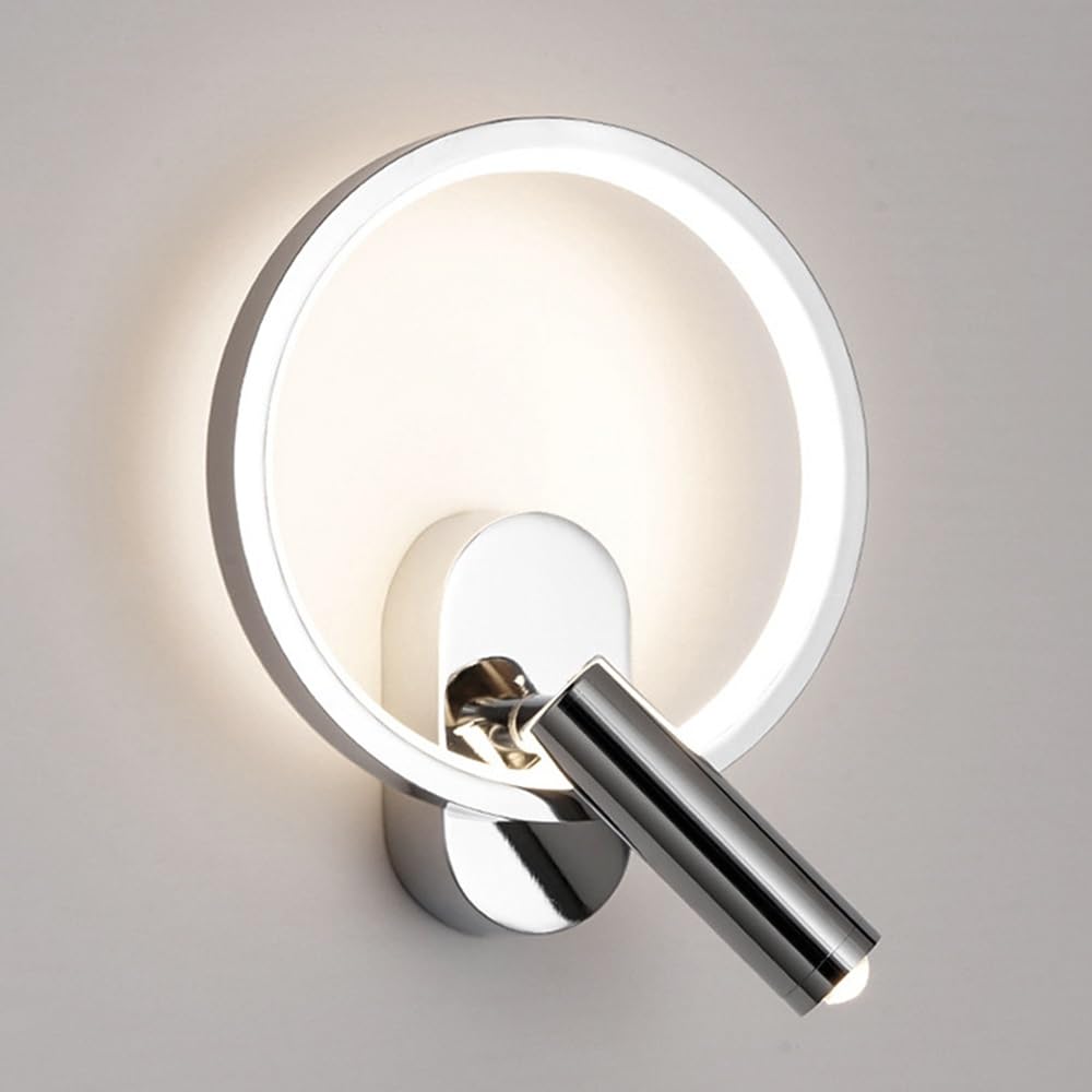 SXWNBIFH Ring Wall Light Adjustable Bedside Reading Wall Lamp 4000K LED Wall Sconce 350° Rotatable Headboard Spotlight Aluminum Wall Sconce Task Lighting for Desk/Bedsid(Chrome,Medium)
