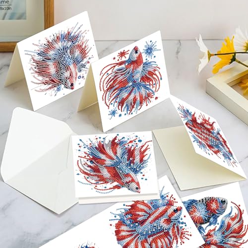 Image of 6-Piece 5D Diamond Art Greeting Card Kit with Envelopes, USA Independence Day Goldfish Design, DIY Special Shape Diamond Painting Greeting Cards for Adults, Handmade Card Craft Holiday Gift, 30x15cm