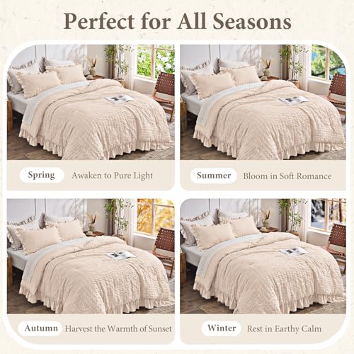 Image of JOLLYVOGUE Oversized King Comforter Set, 3 Pieces Beige Seersucker Comforters, Lightweight & Fluffy Bedding Sets for All Season with 1 Ruffle Comforter and 2 Ruffle Pillowshams