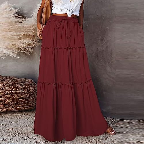 Womens Pleated A-Line Elastic High Waist Maxi Skirt 2025 Summer Casual Flowy Swing Boho Long Beach Dress2