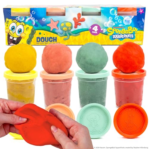 Spongebob Squarepants Dough 4-Pack Sensory Dough in Resealable Storage Containers with Character Impression Molded Lids Spongebob Toys Kids Party Favors