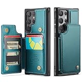 Vinich for Samsung Galaxy S24 Ultra Wallet Case with Card Holder, RFID Blocking Credit Slots Kickstand Shockproof Phone Cover for Women Men, Bluish Green