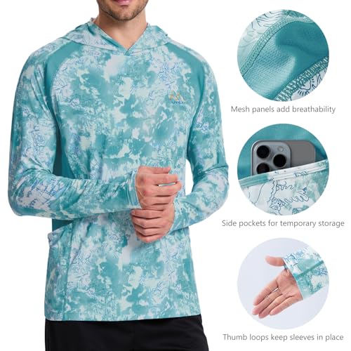Image of Men's UPF 50+ Hoodie Shirt Long Sleeve Permanent UV Sun Protection Vented Tee Performance for Outdoor Hiking Fishing