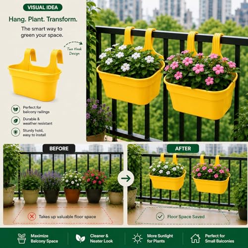 Image of Go Hooked 12 Inch Plastic Railing Hanging Planter Pot Set of 3 | Rectangular Flower Pots with Double Hook for Garden Fence Balcony Indoor Outdoor Home Decor | Durable Plant Container (Yellow)