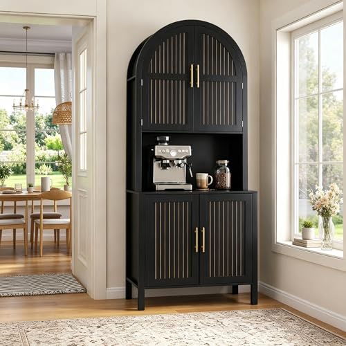 Image of 76 inch Tall Arched Kitchen Pantry,Large Storage Cupboard with Fluted Doors,Microwave Shelf,Modern Wooden Buffet Sideboard,Adjustable Shelves,Cabinet for Dining,Living Room,Black