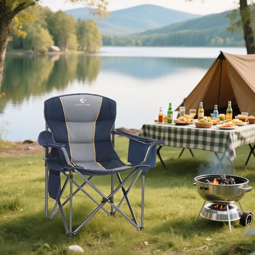 Image of ALPHA CAMP Heavy Duty Camping Chair 500LBS Capacity, Oversized Folding Chair for Heavy People, Padded Portable Outdoor Chair with Cooler Bag & Cup Holder for Camping, Fishing, Beach