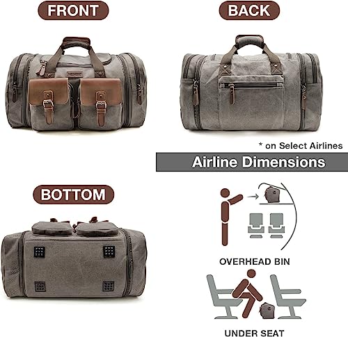 Image of Wildroad 60L Travel Duffel Bag, Expandable Canvas Genuine Leather Duffle Bag Upgraded Overnight Weekender Bag Carry on Bag