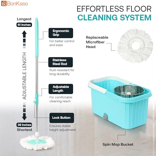 Image of BonKaso Plastic Spin Mop Bucket, Moppers for Cleaning Floor, Mop Set Extendable Handle, Removable Steel Wringer 360 with Floor Cleaner Mopping Stick (Square Steel Wrangler Mop Set)