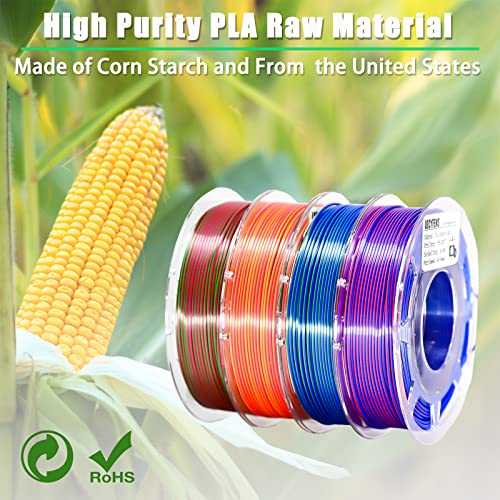 Image of 3D Printer Filament PLA, Rainbow PLA Filament 1.75mm + /-0.02mm, Silk PLA Dual Color Filament, 2 in 1 Coextrusion 3D Filament Bundle 200g x 4 Spools