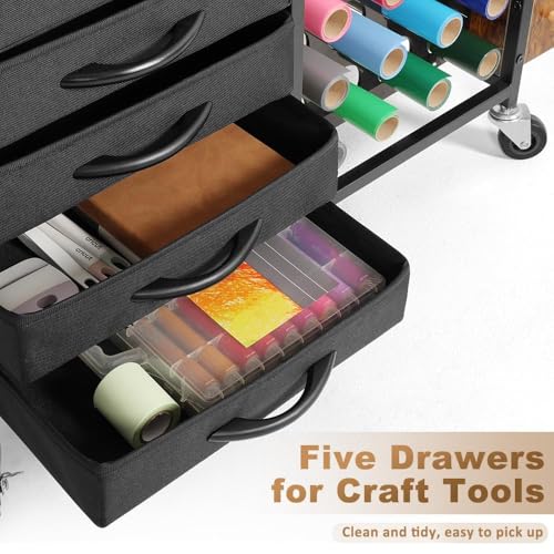 Image of LUCKUP Organization and Storage Craft Table for Cricut Machines, Rolling Cart Cabinet with 28 Vinyl Roll Holders and 5 Drawers, Heat Press Stand Crafting Storage Cart with Hooks, Black (Black)