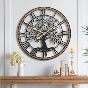 Micasso Silent Large Wall Clock: 24Inch Tree of Life Metal Black with Solid Wood Frame – Non-Ticking Battery Operated Clock for Living Room/Office/Bedroom/Kitchen – Home Decor for Fashion-Conscious
