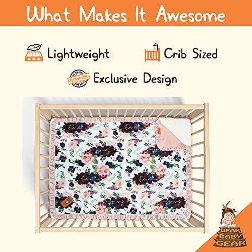 Image of Dear Baby Gear - Reversible Baby Blankets - Soft Nursery Blanket for Newborn - Toddler Blankey - Throw Blanket for Boys & Girls - Infant Blankets - 43x33 (Burgundy and Navy Floral with Blush Ruffles)