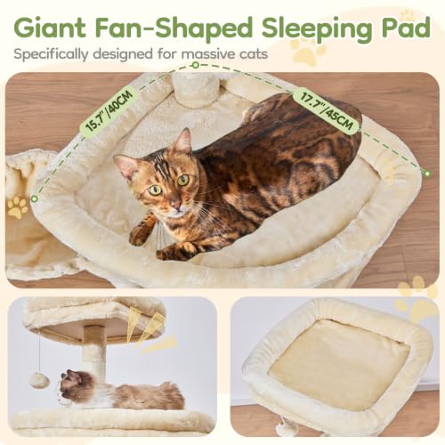 Image of Taoqimiao Sturdy Cat Tree, Cat Tower for Indoor Cats, Extra-Large Platform | 58.7Inch, Widened Cat Condo with Large Scratch Board, Top Perch, 6 Scratching Posts, Soft Basket, Cat Toys, Beige MS045M