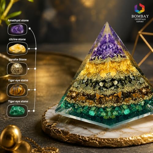 Image of Money Magnet Pyramid with Amethyst, Citrine, Pyrite & Tiger Eye Stones - Crystal Healing Pyramid for Wealth, Abundance, Positive Energy, Reiki, Meditation & Home Decor