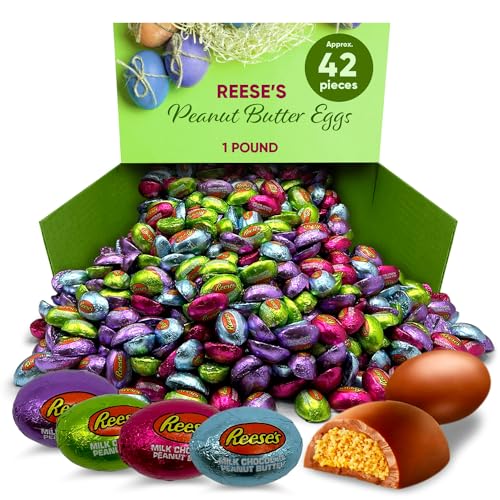 Reeces Peanut Butter Eggs In Pastel Color Foil Wrapped 1 Pound (16oz) - Individually Wrapped Chocolate Easter Candy Egg In Color Pastel Foil - Reeces Eggs Peanut Butter Creme Center Coated In Smooth Milk - Reeces Blue , Pink, Green & Purple Foil Wrapped With Smooth Milk Chocolate and Peanut Butter Creme Center - Ideal Easter Basket Stuffers Easter Basket and Easter Treats Easter Candy Eggs Easter Snacks